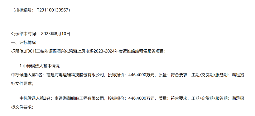 三峡能源风电运维船租赁公布中标候选人