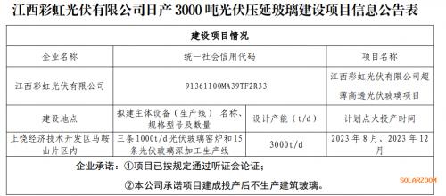 江西彩虹光伏有限公司日产3000吨光伏压延玻璃建设项目信息的公告