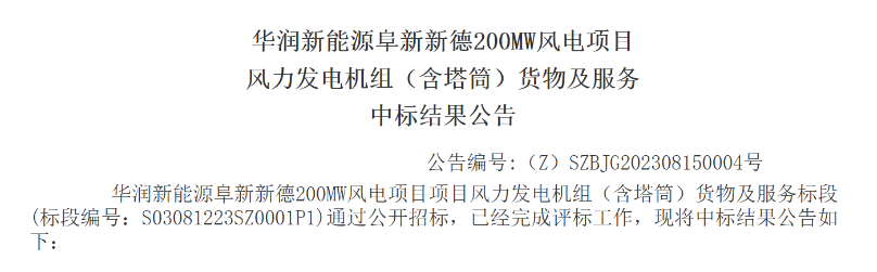 3.5亿元！华润200MW风电项目中标公示